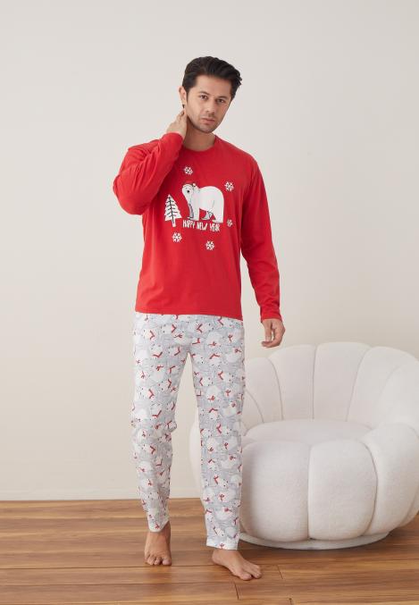 Pijama barbati Craciun "HAPPY NEW YEAR" , maneca lunga ,pantaloni lungi,Culoare Rosu ,Engros